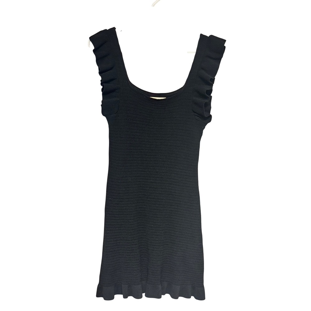 Anthropologie‎ Black Ruffle Sleeve Knit Crochet Mini Dress Small Square Neck